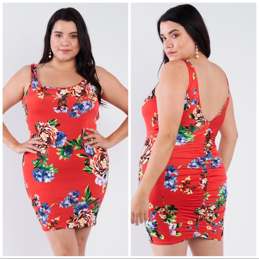 Spicy Red Ruched Floral Print Mini Dress Plus women Size 1x 2x 3x flowers core